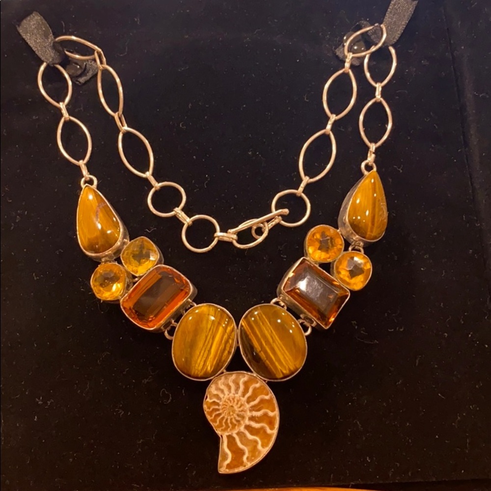 Sterling Silver Bib Necklace w/Tigers Eye, Citrine, Topaz…a statement piece!